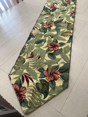 Vintage Floral Tapestry Table Runner Greens & Reds 69”